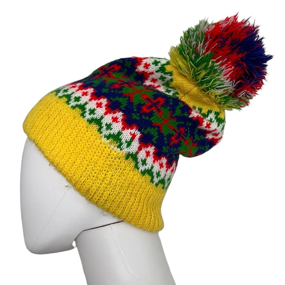 Vintage Wigwam Beanie Toque Multicolor Knit Pom Pom Colorful Winter Outdoor